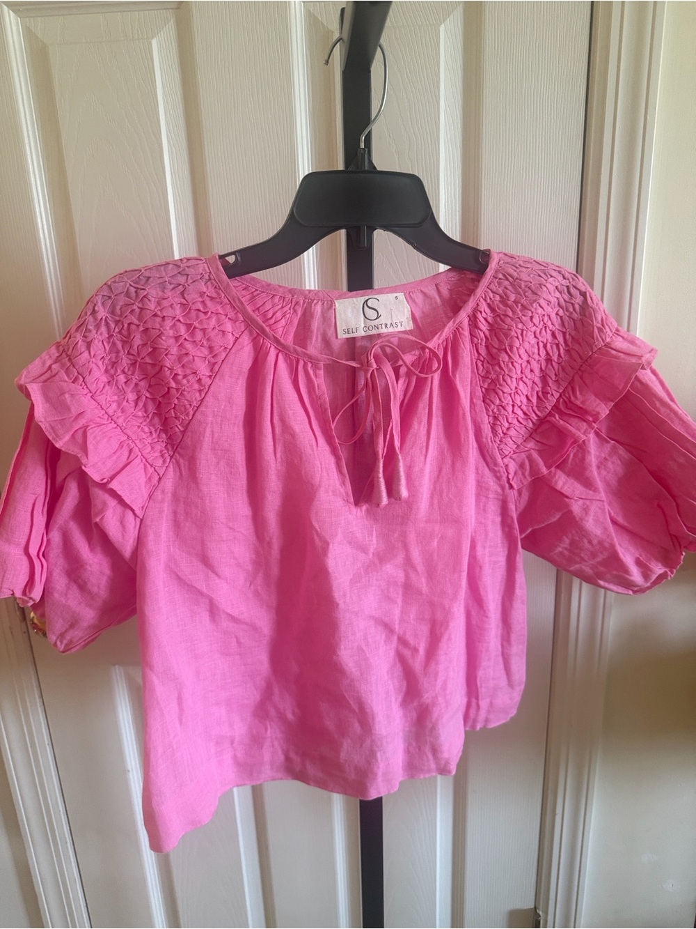 Self Contrast Linen Puff Sleeve Blouse with Tie Detail - Picture 3 of 8
